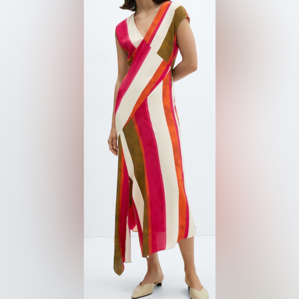 Mango: BRIGHT MULTICOLOR CUT-OUT STRIPED MIDI DRESS - Size Small